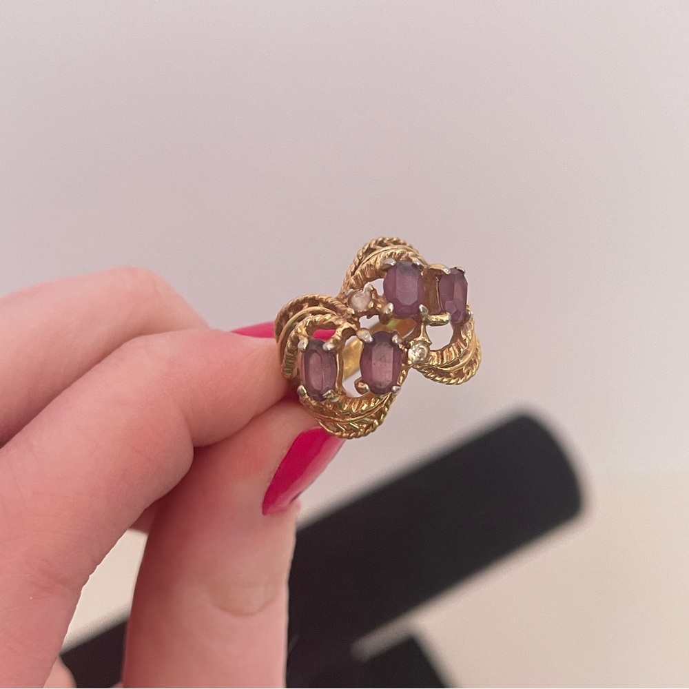 Vintage 18K GOLD Plated Real AMETHYST Stone Holiday Gift Crystal Statement Ring - Picture 4 of 12
